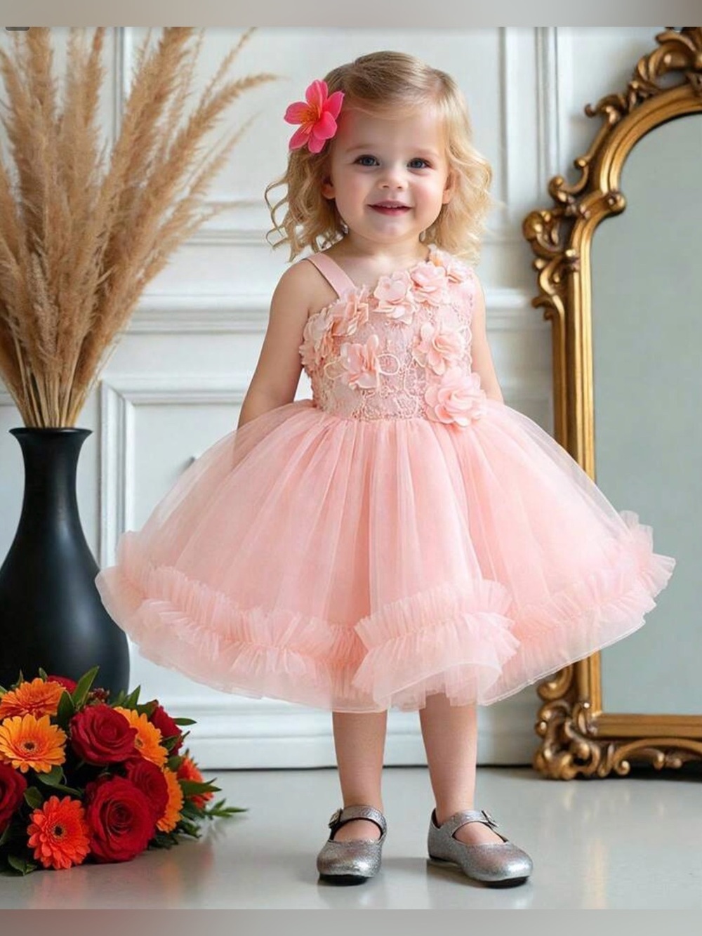 Blush Pink Floral Appliqué Tulle Party Dress